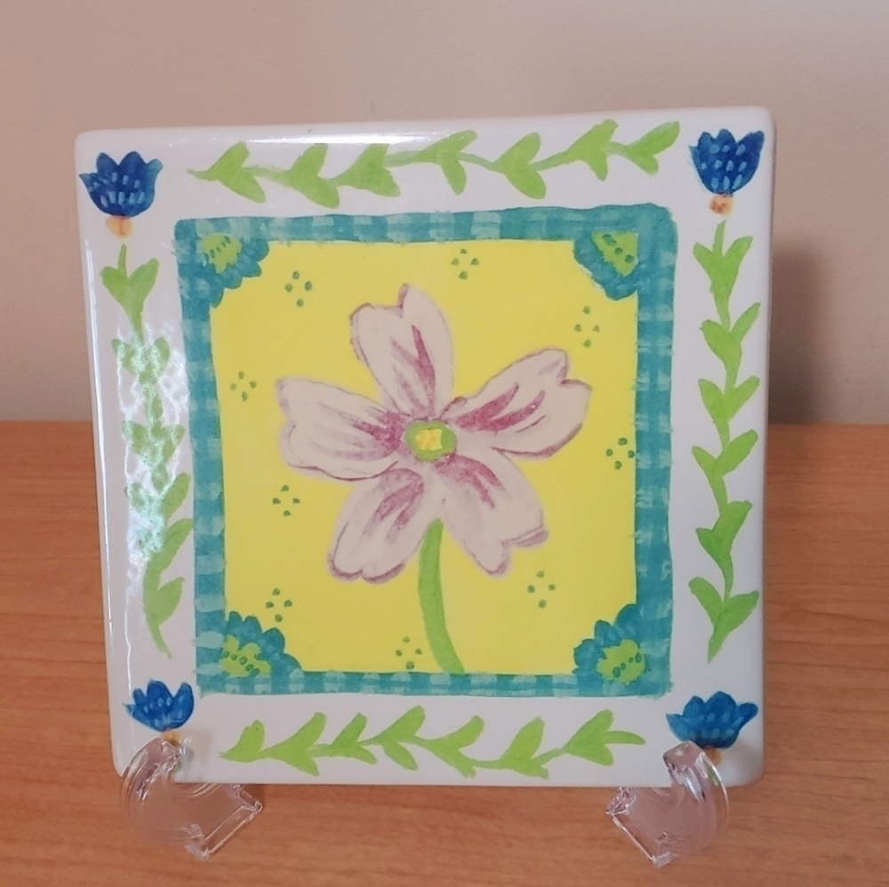Hallmark KIMBERLY HODGES‎ 2003 TILE FLOWER PINK Yellow Blue 6" x 6"